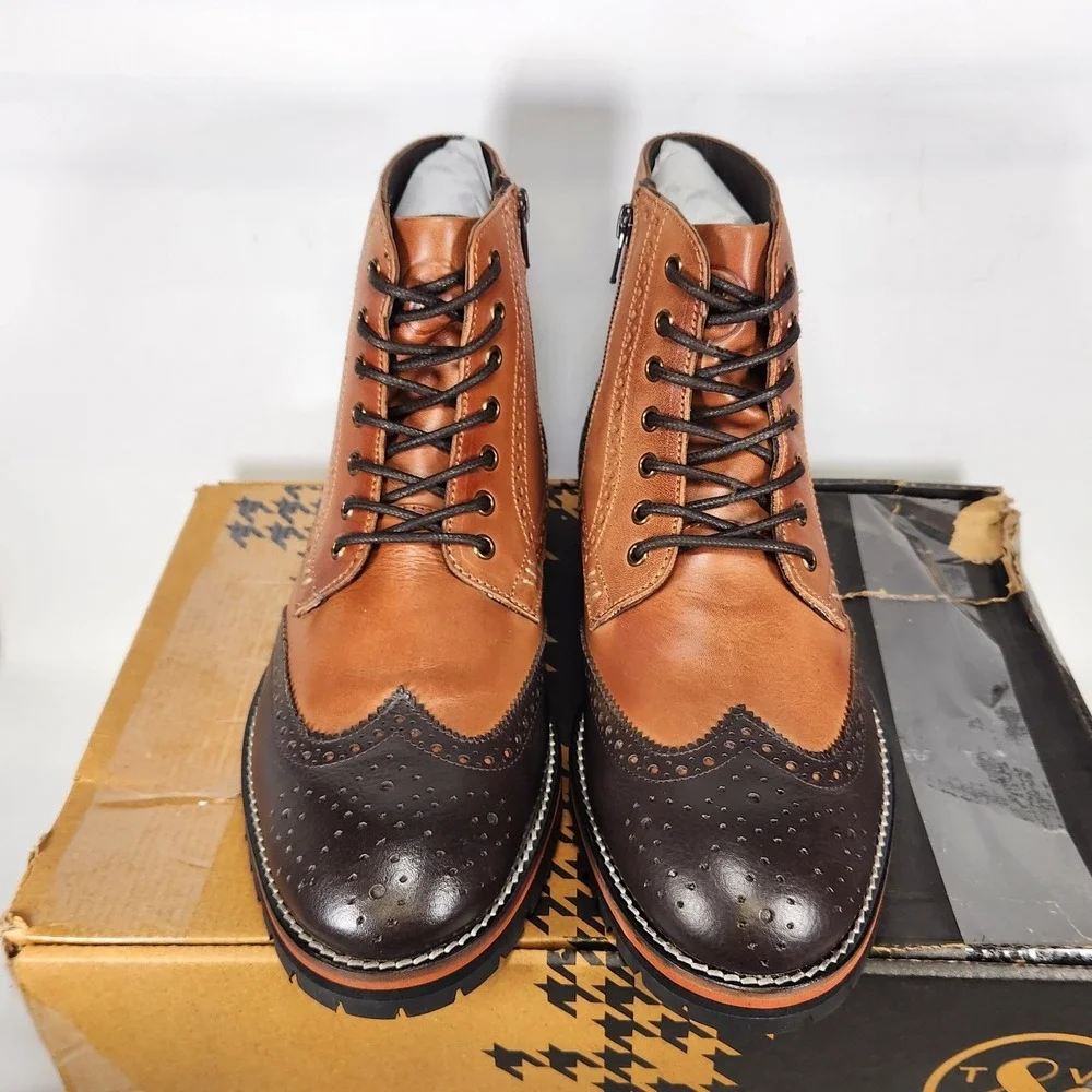 Thomas & Vine Elijah Boot Mens Size 8 Tan Two-Tone Leather Wingtip Brogue Zip Up